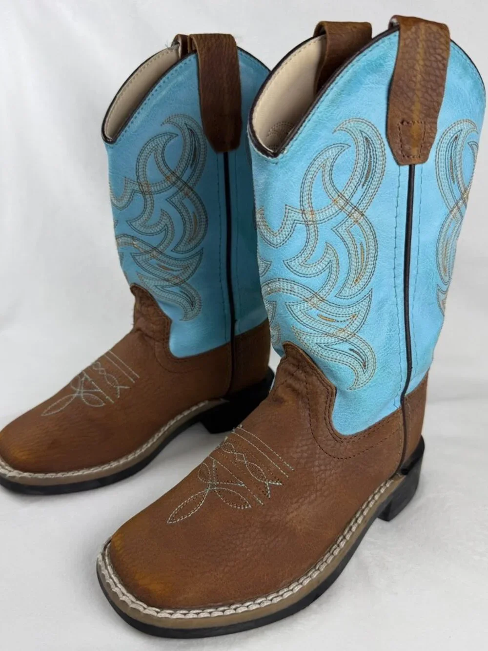 Old West Kids Cowboy Boots Size 10.5 D Brown Turquoise Square Toe Western VB9167